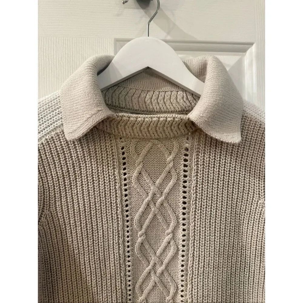 ANR+ Presented by Alp n Rock Beige Collared White Stripe Sleeve Sweater sz S EUC